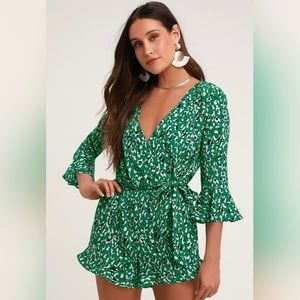 Make Moves Green and Black Print Flounce Sleeve Romper